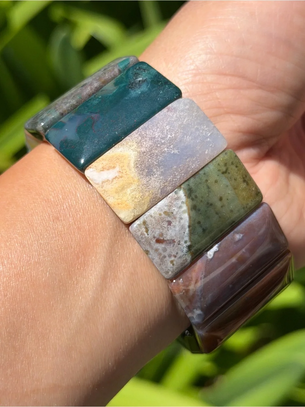 Wide Natural Multi-Color Ocean Jasper Stretch Bracelet Soft Bangle 2033